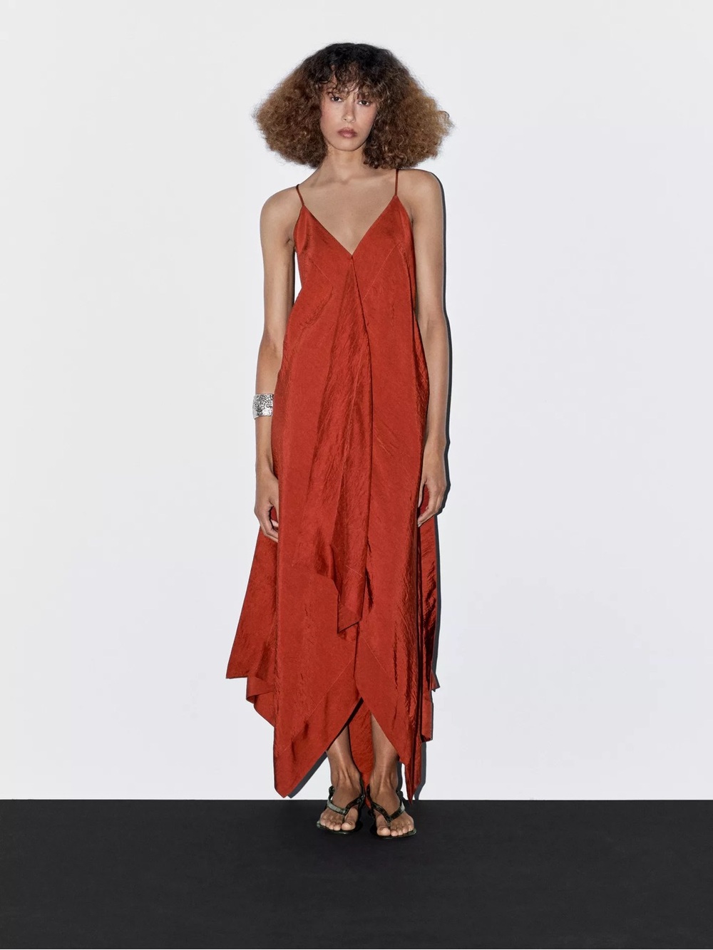 Massimo Dutti Slip V-Neck Asymmetric Midi Dress in Rust